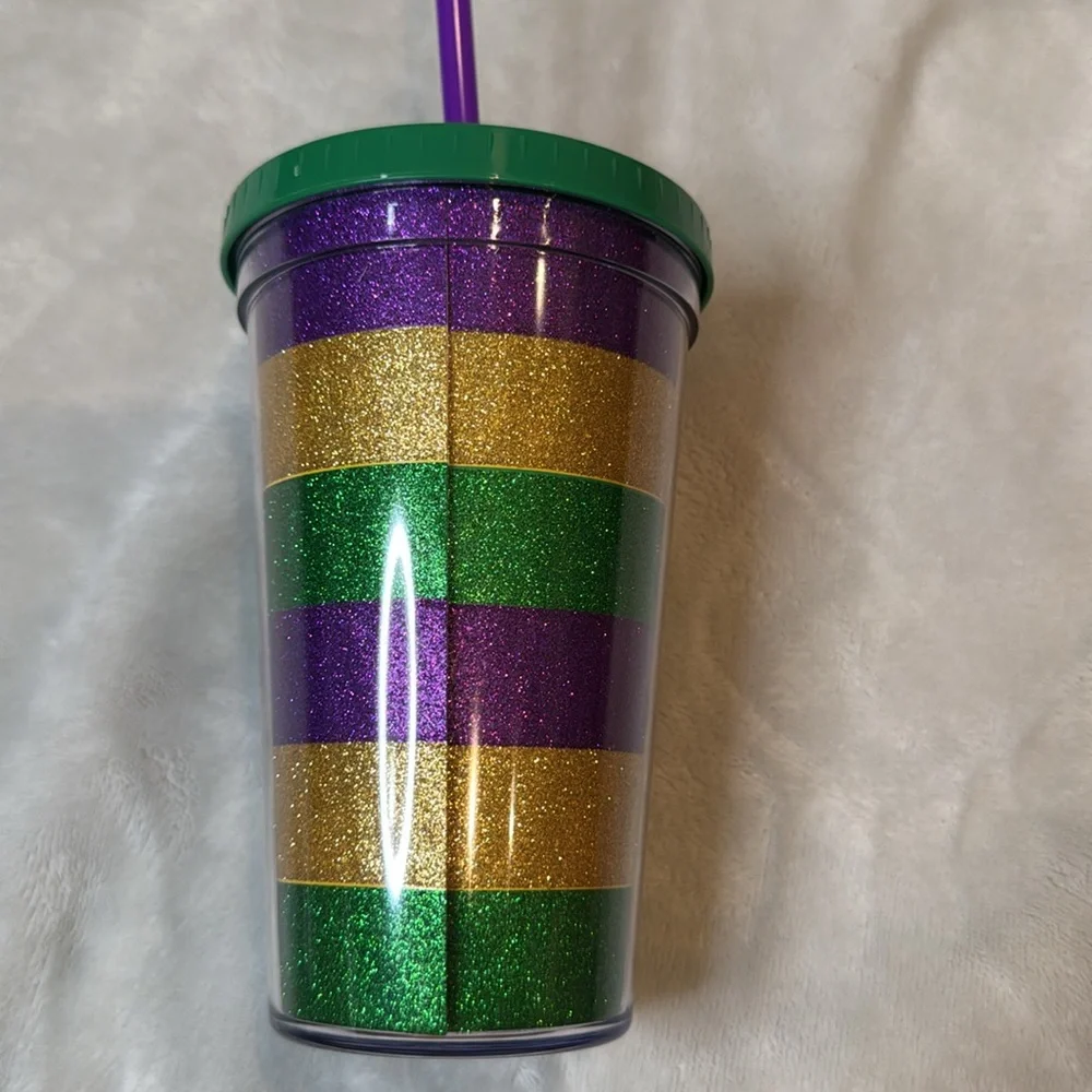 Mardi Gras/ LSU Party Cup with Lid and Straw